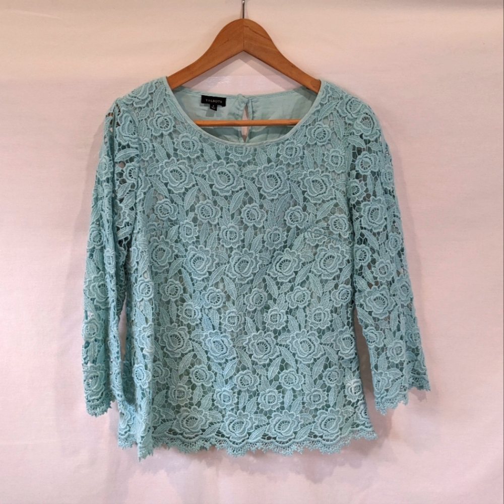 Talbot's Robins Egg Blue Floral Lace Cotton Blouse Size Medium
